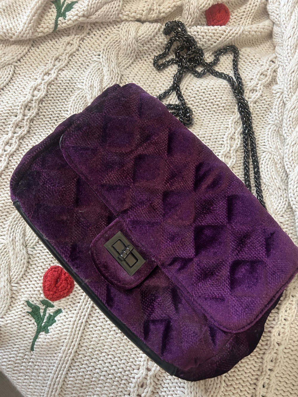 Charming Charlie Purple Quilted Velvet Chain Crossbody